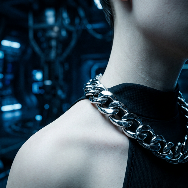 Thick chrome chain on neck